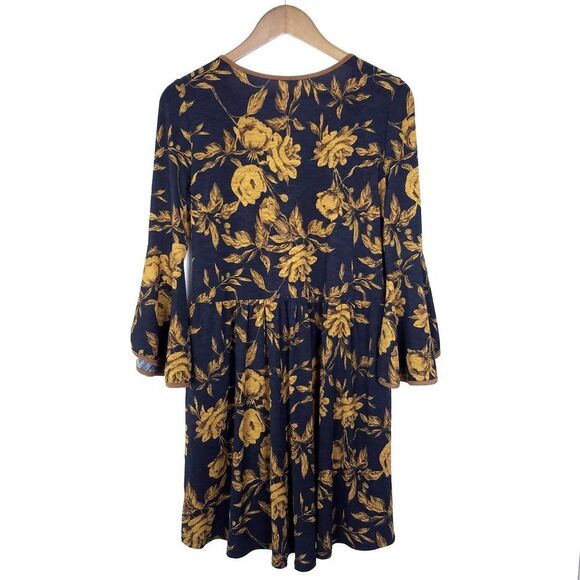 Jules & James Navy Blue Floral Print V-Neck Bell Sleeve Dress Size Small - Picture 2 of 7